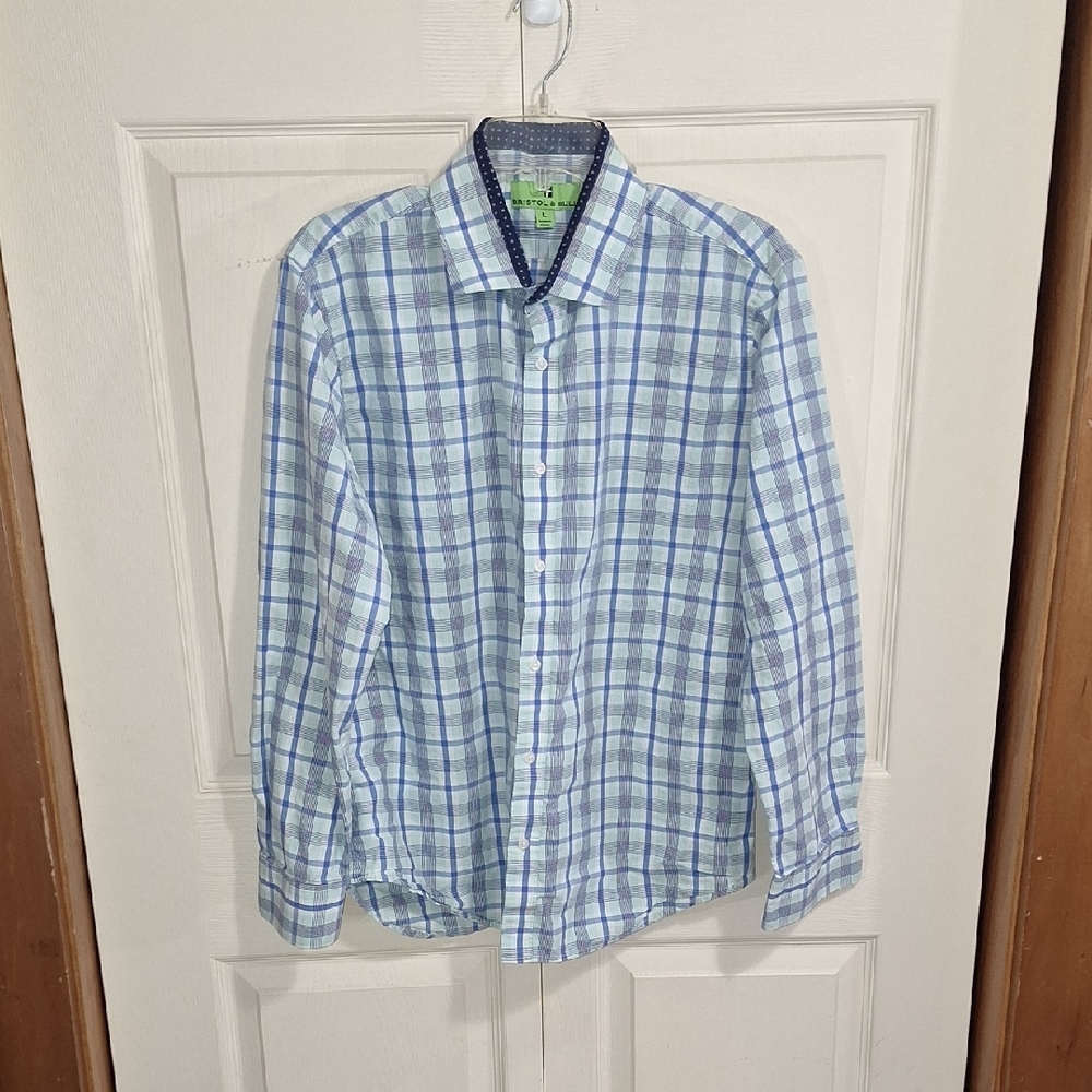Bristol & Bull Classic Plaid Casual Button-Down Shirt - L - Blue